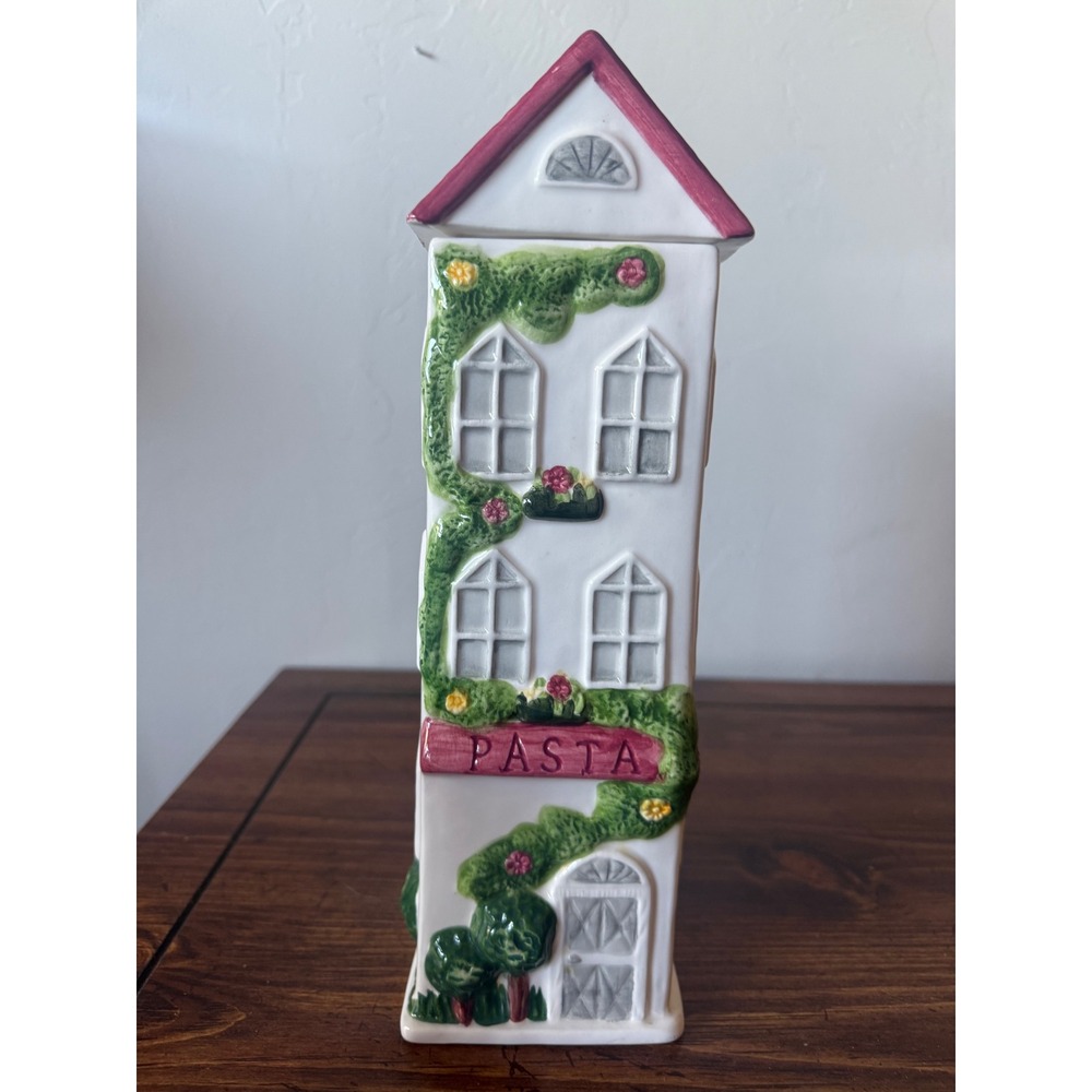 Vintage Ceramic Pasta Canister Tall House Townhome Kitchen Storage Jar Pink Roof